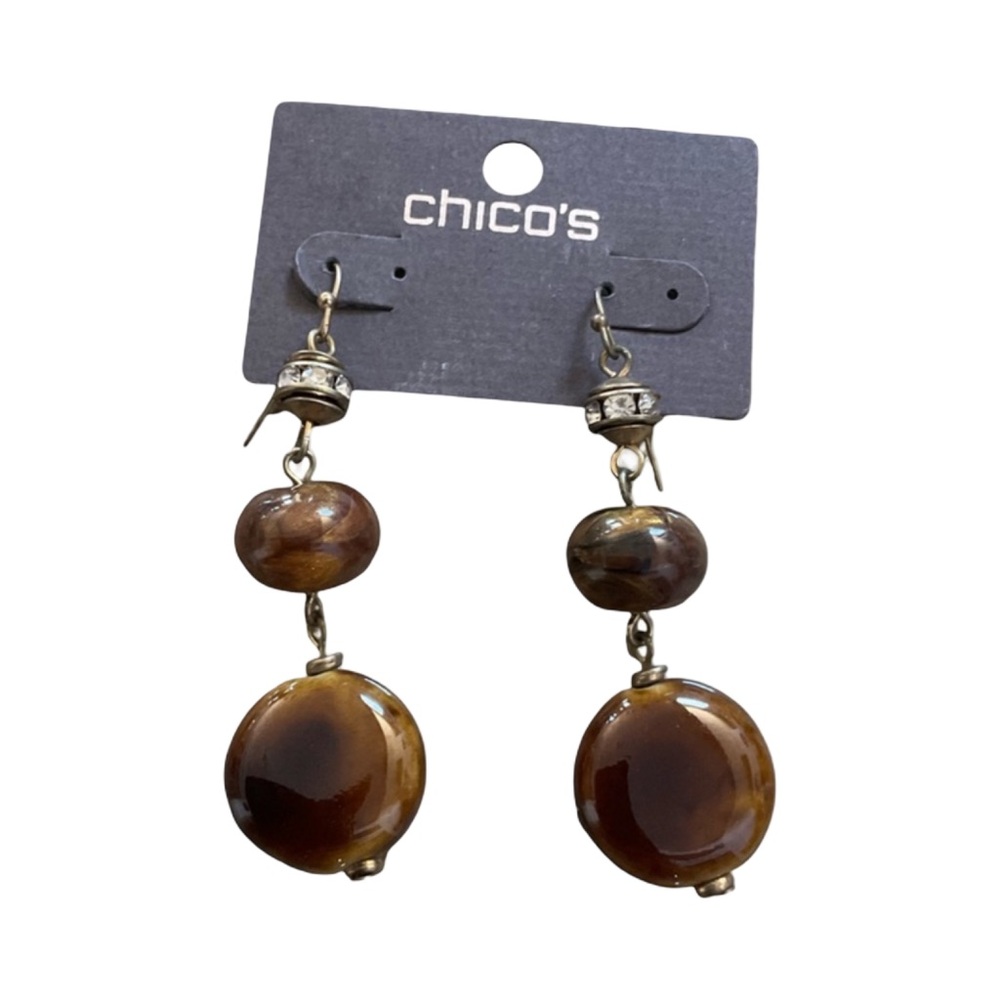 Chico’s Rhinestone Boho Statement Earrings Brown Beads Drop Dangle Gift NWT